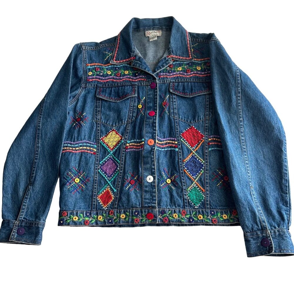 Vintage New Directions Women’s L Embroidered Denim Jacket Boho 90s